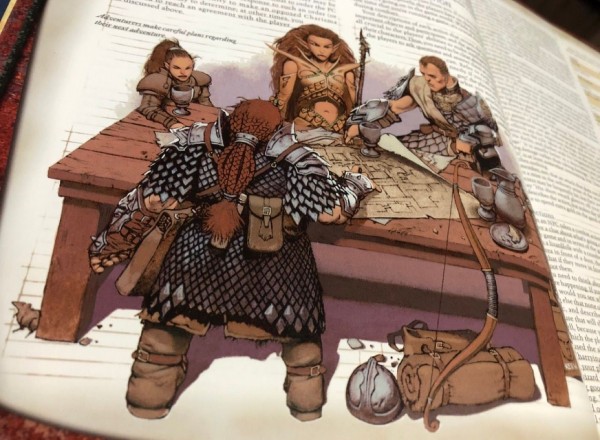 A picture of the art on DMG 16. Characters prepare for an expedition.