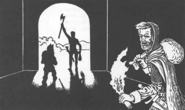 The art from AD&D PHB 109, depicting three adventurers emerging victoriously from a dungeon.