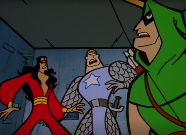 The characters from the episode looking up at a triggered crushing ceiling trap.