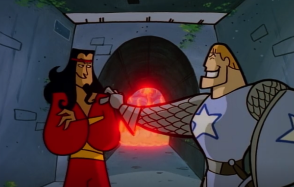 The knight/paladin from the episode warmly lays his hand on the shoulder of his magician companion.