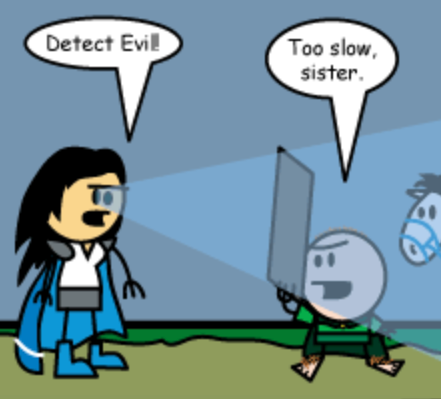 Panel from Rich Burlew's "Order of the Stick": 3rd edition paladin tries to detect evil is foiled by a sheet of lead.