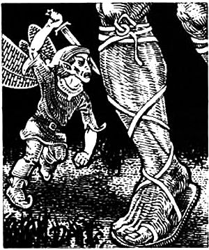 The Pixie art from the Monster Manual. A visible pixie attacks a humanoid leg.