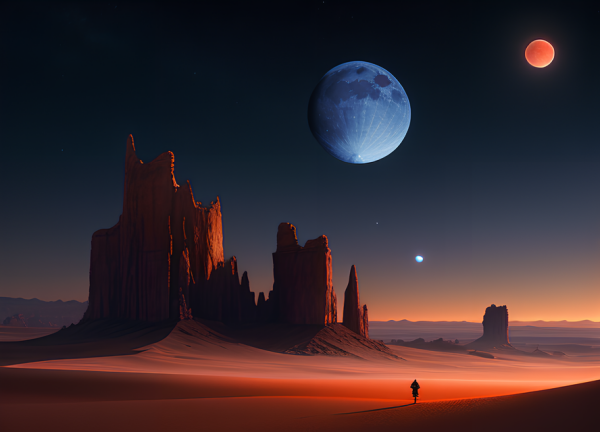 Art of a desert landscape with multiple moons in the night sky.