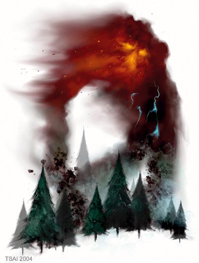 The omnimental art in the MM3, by Francis Tsai. A creature of fire, air, earth, and water rages over striking, evergreen treetops.