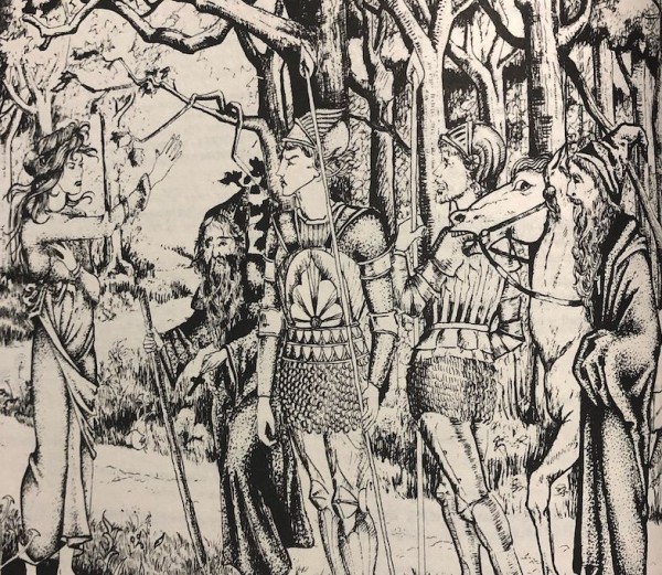 Drawing of two parties conversing in a wood, from DMG 48.