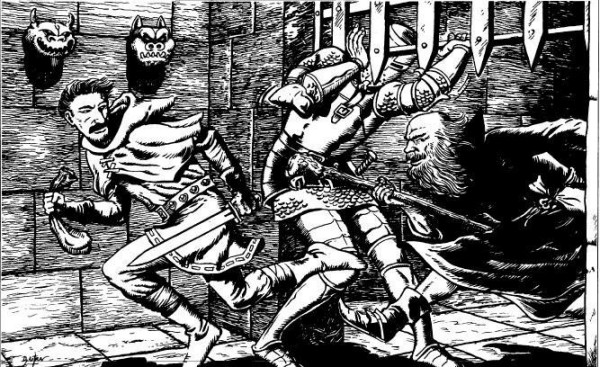 Art by Terry Dykstra of three adventurers fleeing through a portcullis while one of them holds it open.